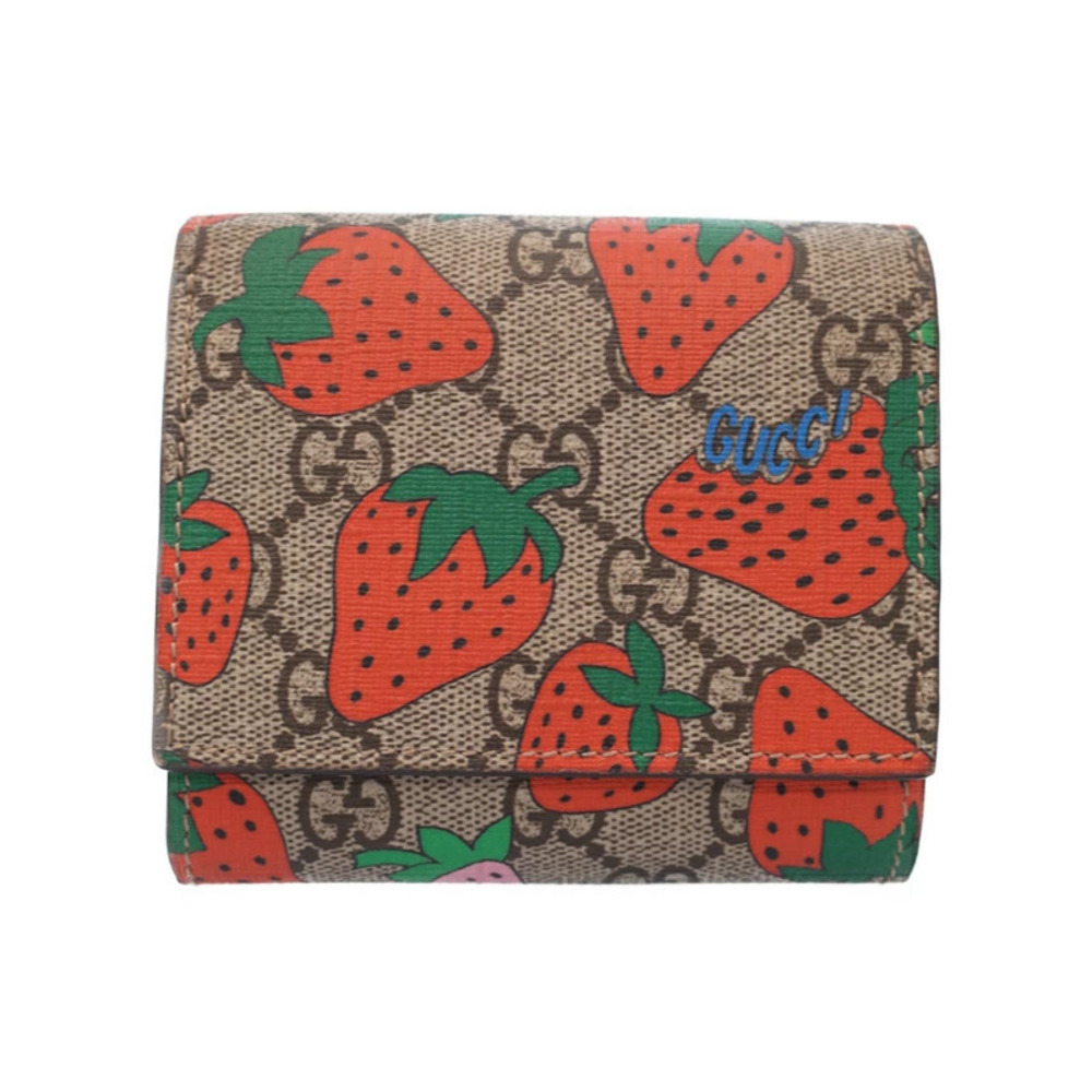 Gucci GG Supreme Straw Tanberry Zipper Short Wallet Bi fold